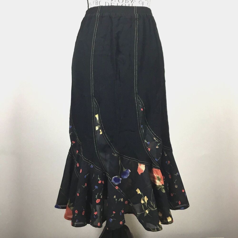Black maxi tiered floral skirt yellow red blue floaty elastic waist 25”-30” S